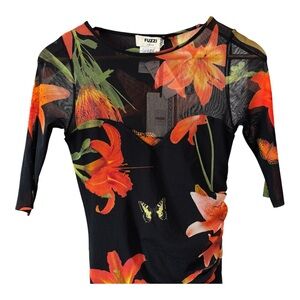 FUZZI Black Nero Ruched Floral Tulle Illuson Midi Dress Women's Size S